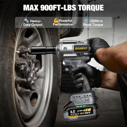SOARFLY Cordless Impact Wrench 1/2", 900 Ft-Lbs(1200N.m), 2x4.0Ah Batteries - color: Gray