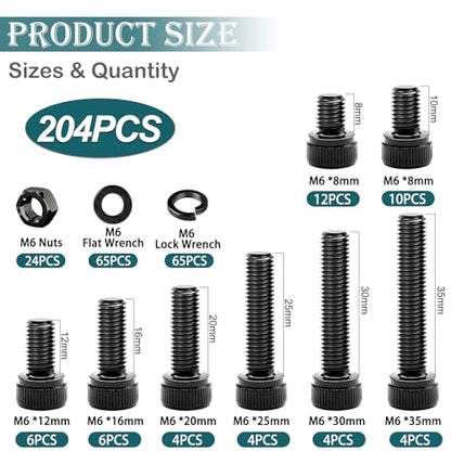 mxuteuk 204PCS M6 Screws,M6x8/10/12/16/20/25/30/35mm Hex Socket Head Cap Bolts with Nuts & Washers,12.9 Grade Alloy Steel Black Zinc Screws Assortment Kit for 3D Printing,DIY - size: 204PCS M6