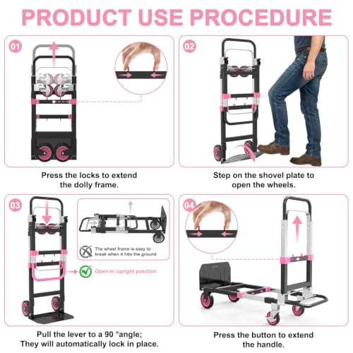 3-in-1 Folding Heavy Duty Hand Truck Dolly Cart Trolley with Wheels (Pink) - color: Pink