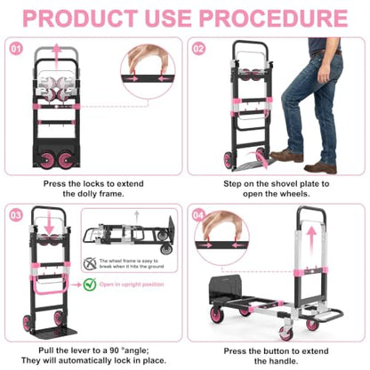 3-in-1 Folding Heavy Duty Hand Truck Dolly Cart Trolley with Wheels (Pink) - color: Pink