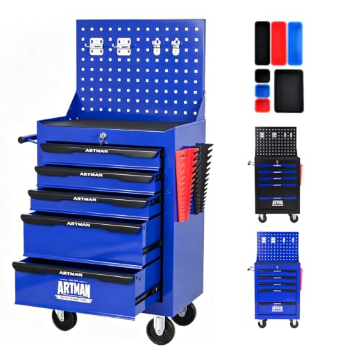 5-Drawer Rolling Tool Chest with Pegboard, Lockable for Garage, Blue - color: Blue+black, size: 5-Drawers