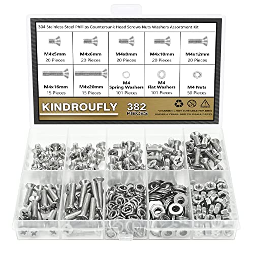 382 Pieces M4 x 5/6 /8/10 /12/16 /20mm Phillips Countersunk Head Machine Screws Nuts Washers Assortment Kit, 304 Stainless Steel, Fully Machine Thread - size: M4, style: Phillips Countersunk Head