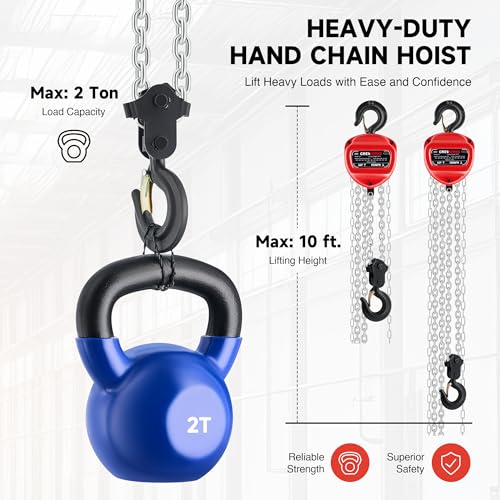 CREWORKS Hand Chain Hoist, 2 Ton 4400 lb Capacity 10 ft Manual Chain Hoist with G80 Load Chain & Double Guide Wheels, Heavy Duty Manual Lever Hoist for Construction Warehouse Automotive Factory - style: Triangle Hand chain hoist, 2 Ton, 10FT