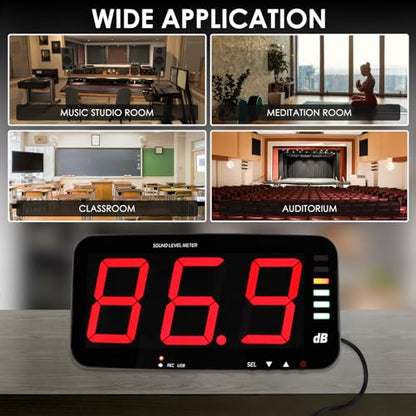 Decibel Meter Sound Level Meter with Data Logging, 13" Large LCD Display Wall Mounted Noise Meter for Classroom w/ 16.4ft Corded Sensor & Alarm Output for Studio Decibel Noise Measuring and Recording