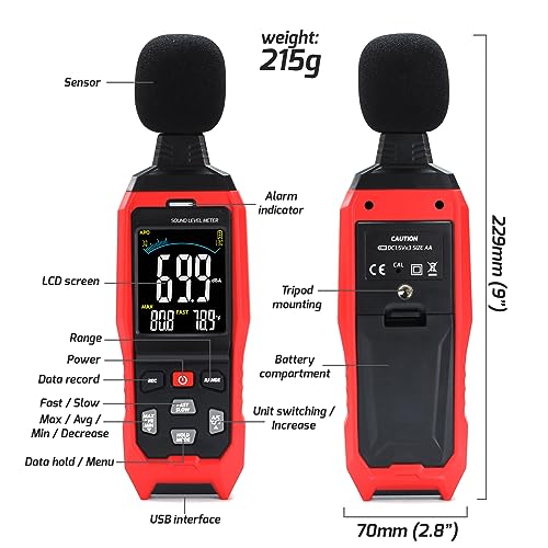 Sound Level Meter Data Logger Decibel Meter with Record Function, Portable Noise Meter 30~130dB Sound Meter A/C/Z Weighting Noise Testing with Audible Visual&Alarm, Temperatue, Analog Bar Indicator