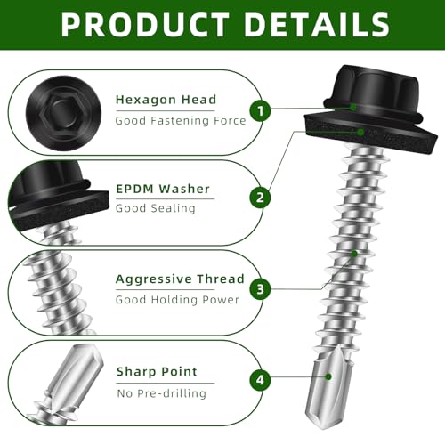Mellewell #10 x 2 Self Drilling Metal Roofing Screws, Black Hex Head Sheet Metal Roof Screws with EPDM Washer, Hex Socket Included, 100 PCS - color: Black, size: #10 x 2"