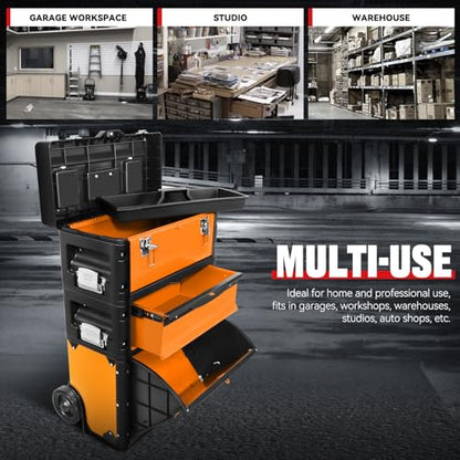 Auto Dynasty 3-Tier Rolling Trolley Tool Box Stackable w/Wheels, Orange - color: Orange
