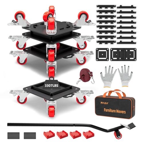 MYUEA Furniture Dolly 5 Wheels Heavy Duty with Removable Side Guards,3307 Lbs Capacity,360° Rotating Wheels & Tail Brake,Furniture Movers Lifter Tool with Wheels for Appliances,Sofas,Beds,Pianos - color: Red, size: 1.57 in wheels