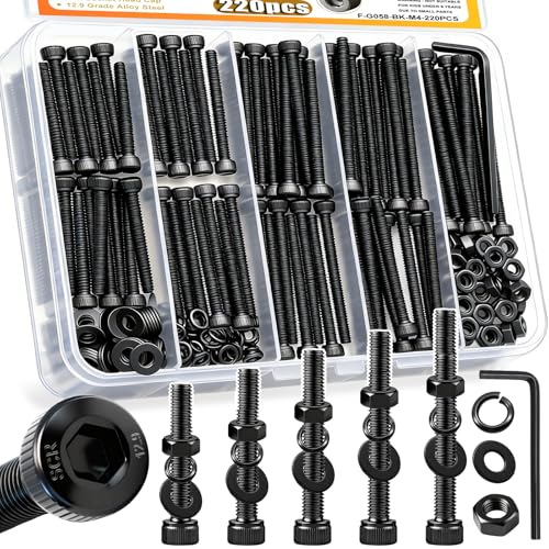 Taiss 220PCS M4 Screw Kit M4 x 30/35/40/45/50mm,Black Hex Socket Head Cap Metric Screws,Bolts and Nuts Washers Assortment Kit,12.9 Grade Alloy Steel Bolts for 3D Printer - color: BK 220PCS M4 Kit