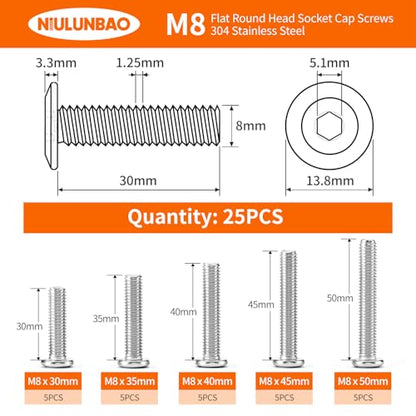 M8 x 30mm 35mm 40mm 45mm 50mm Flat Round Head Hex Socket Cap Screws Bolts, Furniture Screws, 304 Stainless Steel, Allen Hex Drive, Metric Fully Threaded, Bright Finish, Assortment Kit 25PCS - size: M8 x 30/35/40/45/50mm (25PCS)