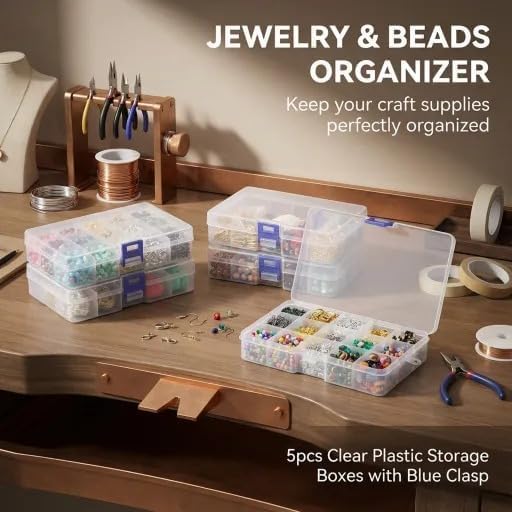 5Pcs Blue Large Plastic Organizer Boxes, Stackable Craft Storage Cases - color: 5pcs- Clear Blue Extra Thick