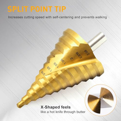 Spiral Groove Step Drill Bit, 12 Steps High-Speed Steel 1/4" to 2-3/8", Large Step Drill Bits for Cutting Holes in Iron Aluminum Copper Plastic Wood - style: 2-3/8