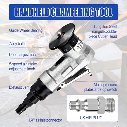 Pneumatic Chamfering Tool Handheld, Mini Aluminium Alloy Air-Powered Chamfering Machine Trimming, 45° Arc Corner with 1/4 Inch Air Inlet for Metal Wood Deburring Beveling (Silver) - color: Silver