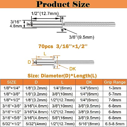 70pcs 3/16 x 1/2 inch 304 Stainless Steel Pop Rivets, 4.8 x 12.7mm Blind Rivets for DIY/Automotive Repairs/Furniture - size: 3/16" x 1/2", style: 304 Stainless Steel