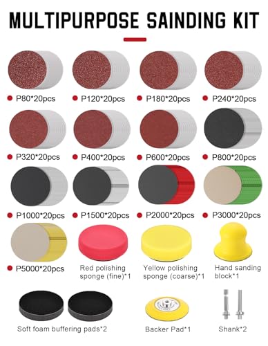 268-Pack 3 Inch Sanding Discs Drill Sanding Attachment, 80-5000 Grit Wet Dry Hook and Loop Sandpaper, Soft Foam Buffering Pad with 1/4" Shank Backing Plate for Car Wood Resin Metal - size: 3 Inch