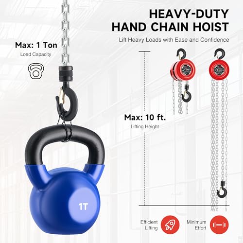 CREWORKS Hand Chain Hoist, 1 Ton 2200 lb Capacity 10 ft Manual Chain Hoist with G80 Load Chain & Galvanized Hand Chain, Heavy Duty Manual Lever Hoist for Construction Warehouse Automotive Factory - style: Round Hand chain hoist, 1 Ton, 10FT