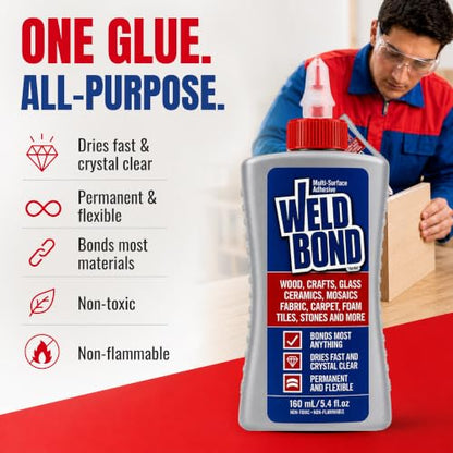 Weldbond Multi-Surface, Non-Toxic Glue, Bonds Most Anything! Use as Wood Glue or for Glass Crafts Ceramic Tile Mosaic Porcelain Stone Fabric Carpet & More. 4-Pack of 5.4oz /160ml - size: 4 pack