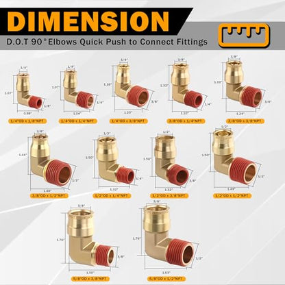 5PCS Brass DOT Air Line Fitting 1/2"Tube x3/8"NPT 90 Degree Elbow - size: 1/2" OD x 3/8" NPT, style: Quick Push 90° Elbows-5PCS