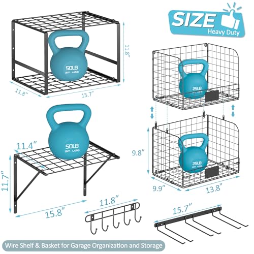 ThreeHio Garage Shelf Wall Mounted with Wire Baskets, Heavy Duty Garage Wall Shelving with Garden Tool Rack and Hooks, Wire Shelf Baskets Tool Organizer for Home Garden Yard Organization and Storage