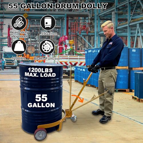 55 Gallon Drum Dolly Heavy Duty, 1200 lbs Capacity Barrel Cart with Adjustable Handle & Locking Caster, Low Profile Steel Drum Truck for Industrial, Warehouse, Workshop Use-Yellow