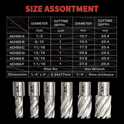 S&F STEAD & FAST Annular Cutter Set 6 Pcs, Diameter 1/2 to 1-1/16", DOC 1" - size: 3/4 inch shank