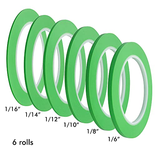 JINBING Mix 6Rolls High-Temp Vinyl Fine Line Fineline Masking Tape Automotive Paint for Curves Green 1/16~1/6 in x 36 Yard