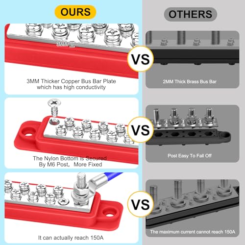 Power Distribution Block 12V 150A 1/4" Stud Bus Bar Tinned Copper Electrical Battery Terminal Block for Boat Automotive Solar Wiring - size: 150A