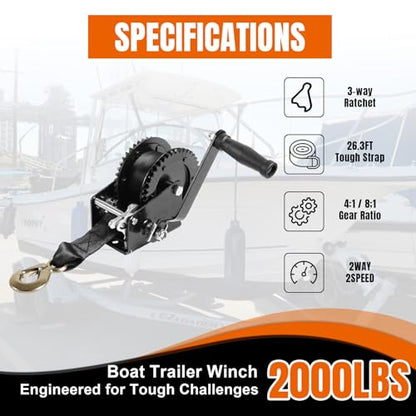 Jack Boss Hand Winch, 2000 lbs Pulling Capacity, Boat Trailer Winch Heavy Duty Rope Crank with 26.3 FT Polyester Strap, Manual Operated Hand Crank Winch for Trailer, Boat or ATV Towing - size: 2000 lbs