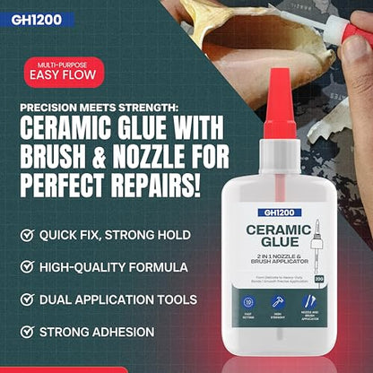 GH1200 Ceramic Glue Repair with Brush Applicator & Nozzle (20 g), Waterproof, Clear, Smooth. Fast Drying, Ceramic Glue for Pottery, Dishes, Mugs & More