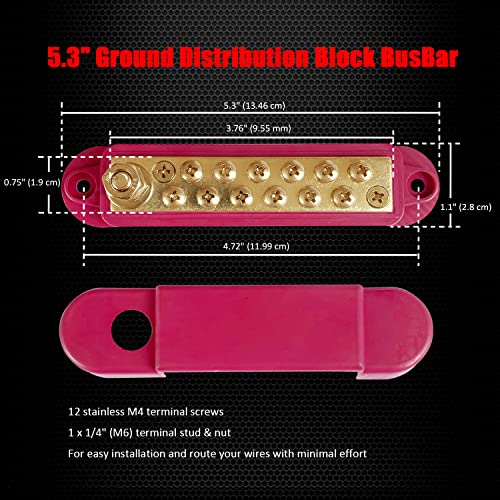 Ampper 1/4" Stud Brass Power Distribution Block BusBar 12 x #8 Screw, Red - color: Red, size: Brass