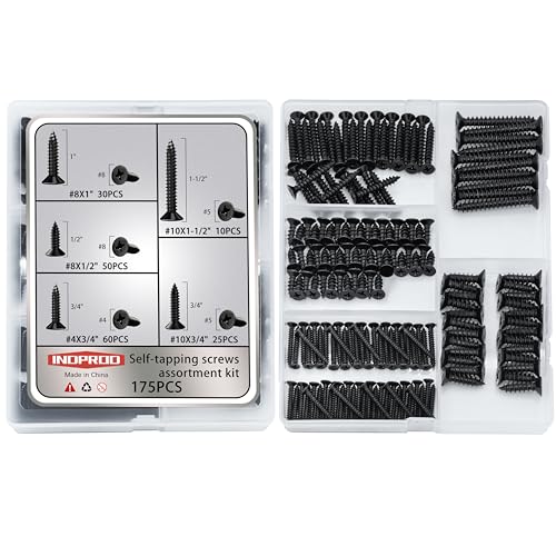 #4#8#10 Wood Screws Assortment Kit 175pcs, Phillips Flat Head Self Tapping Screws, Black Zinc Plated, Carbon Steel, Assorted Screws for Metal & Wood, Black Wood Screws - 1/2",3/4",1",1-1/2" - color: Black Zinc Plated Screws, size: #4 #8 #10 x 1/2"-1-1/2"