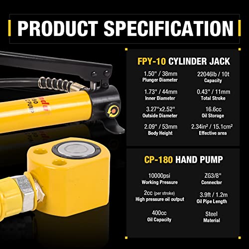 10T Low Profile Hydraulic Cylinder Ram Jack Kit FPY-10 0.43" Stroke + CP-180 400cc Manual Hydraulic Hand Pump Hydraulic Porta Power Kit - style: CP-180+10T(Low Profile)