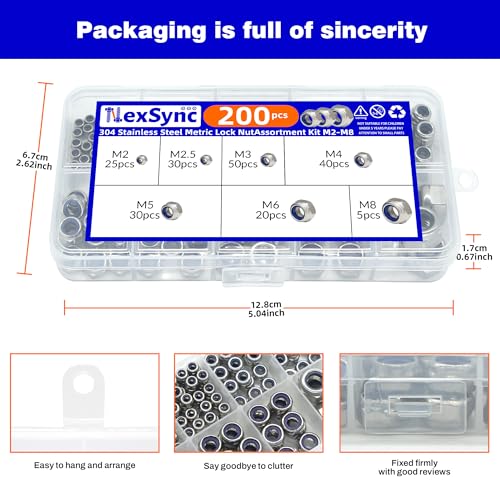 200pcs 304 Stainless Steel Nylon Insert Lock Nut Assortment Kit M2-M8