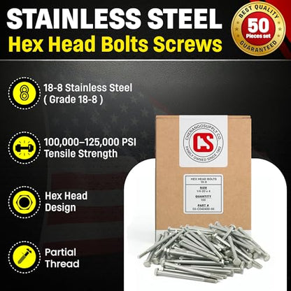 Chenango Supply 1/4-20 x 4 Stainless Hex Head Bolts - size: 1/4-20x4"(50pcs)