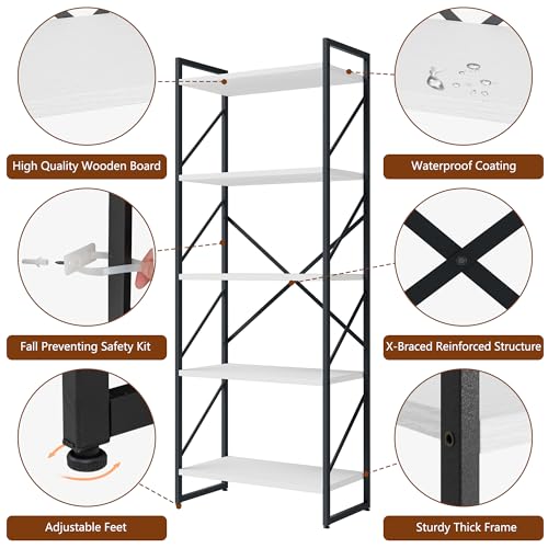 Shintenchi 2 Pieces 5 Tiers Bookshelf, Classically Tall Bookcase Shelf - color: 2pcs/White
