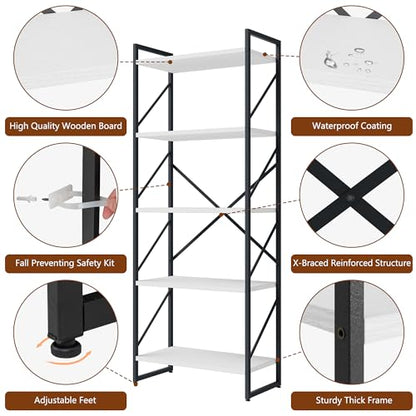 Shintenchi 2 Pieces 5 Tiers Bookshelf, Classically Tall Bookcase Shelf - color: 2pcs/White