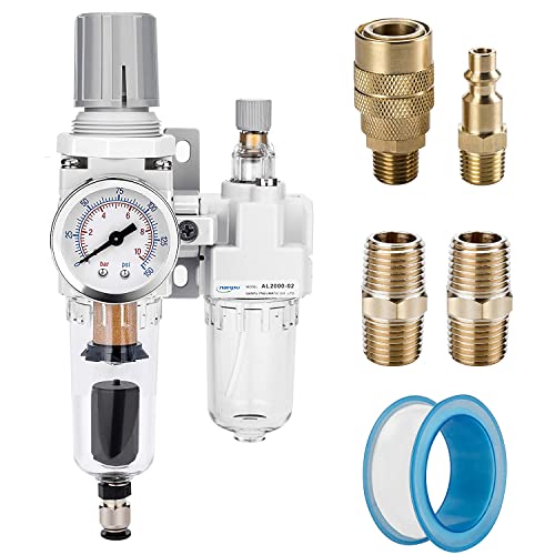 NANPU 1/4" NPT Air Filter Regulator Lubricator Combo, Water Separator - size: 1/4" NPT, style: Auto Drain, Metal Coupler & Plug