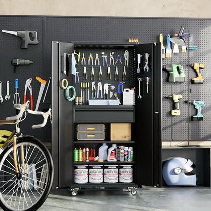 Reemoon 71" Metal Garage Cabinet with Wheels, Drawer and Pegboard - color: Black, size: 15"D x 30"W x 71"H