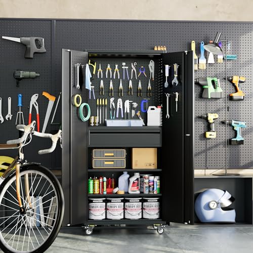 Reemoon 71" Metal Garage Cabinet with Wheels, Drawer and Pegboard - color: Black, size: 15"D x 30"W x 71"H