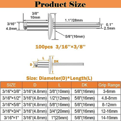 100pcs Aluminum Large Flange Blind Rivets, 3/16" x 3/8", Flange Diameter 5/8" (16 mm), Pop Rivets Assortment Kit Blind Rivet by Bolt Dropper, Grip Range(3-6mm) - size: 3/16''x 3/8'', style: aluminum
