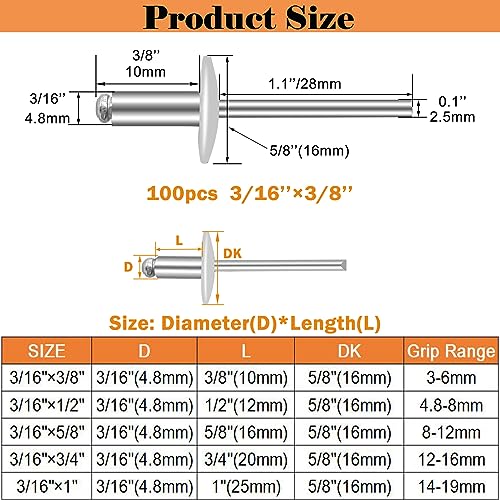 100pcs Aluminum Large Flange Blind Rivets, 3/16" x 3/8", Flange Diameter 5/8" (16 mm), Pop Rivets Assortment Kit Blind Rivet by Bolt Dropper, Grip Range(3-6mm) - size: 3/16''x 3/8'', style: aluminum