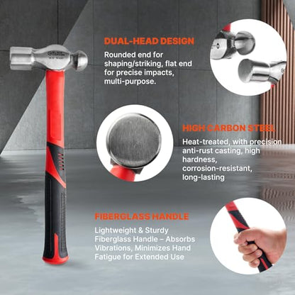 BLACK CANYON 8 oz Ball Peen Hammer, Dual-Head High Carbon Steel Hammer with Fiberglass Handle, Non-Slip Grip for Metalworking, Jewelry Making, Automotive Repair, Riveting, DIY & Workshop - size: 8 oz