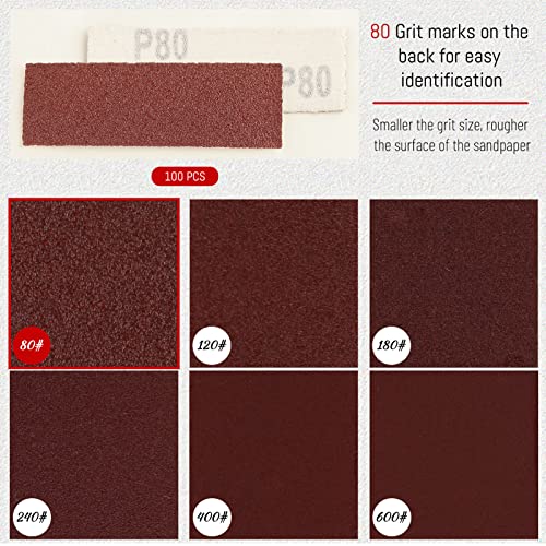 SPEEDWOX 100 PCS Micro Sander Kit 3.5 x 1.2 Inch Detail Sanding Refill Grit 80 Hook & Loop Aluminum Oxide Sandpaper for Wood Crafts, Tight Narrow Spaces Wood Finishing - style: 80 Grit