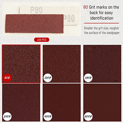 SPEEDWOX 100 PCS Micro Sander Kit 3.5 x 1.2 Inch Detail Sanding Refill Grit 80 Hook & Loop Aluminum Oxide Sandpaper for Wood Crafts, Tight Narrow Spaces Wood Finishing - style: 80 Grit