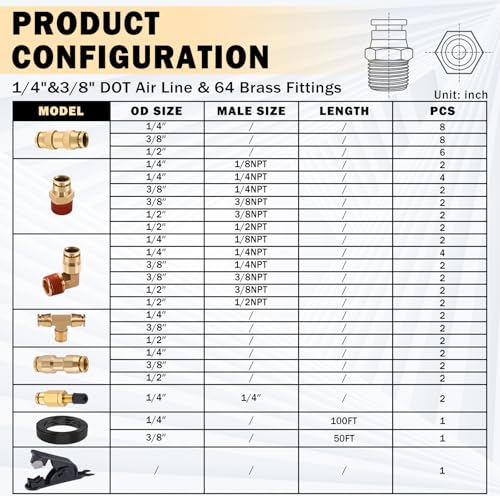 CheeMuii 64 Pcs Brass DOT Air Line Fittings with 1/4" & 3/8" DOT Air Hoses - size: 2ROLL-67PCS