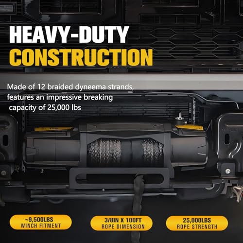 BUNKER INDUST 3/8" x 100' Synthetic Winch Rope,25000LBS Winch Cable with Protective Sleeve 100ft Winch Line Replacement for Off-Road Vehicle SUV Truck, Black - color: black, size: 3/8inch x 100ft