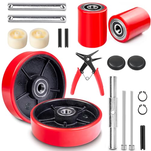 Complete Pallet Jack Wheels Replacement Kit with Axles, Red PU,Heavy-Duty - color: Red, size: 7" X 2" & 3.75" X 3"