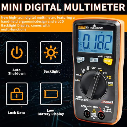ZIBOO 101 Mini Digital Multimeter, TRMS 4000 Counts Auto-Ranging Pocket Voltmeter, Multi Tester for AC/DC Voltage Current Resistance Capacitance, with NCV, Live Wire, Battery Test and LCD Backlight