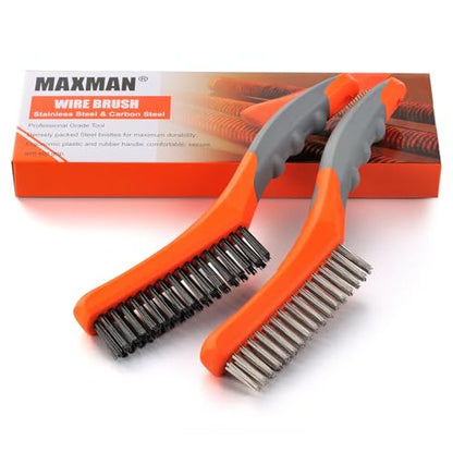 MAXMAN Wire Brush 10", 2Pcs Stainless & Carbon Steel Bristles, Rust Remover