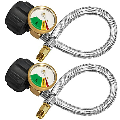 2 Pack 1/4" Inverted RV Propane Pigtail Hose with Gauge, 15inch